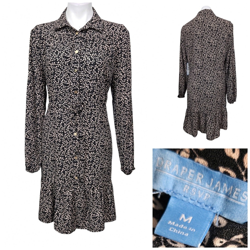 Draper James RSVP Womens Black Pink Leaf Print Button Front Ruffle Dress M NEW